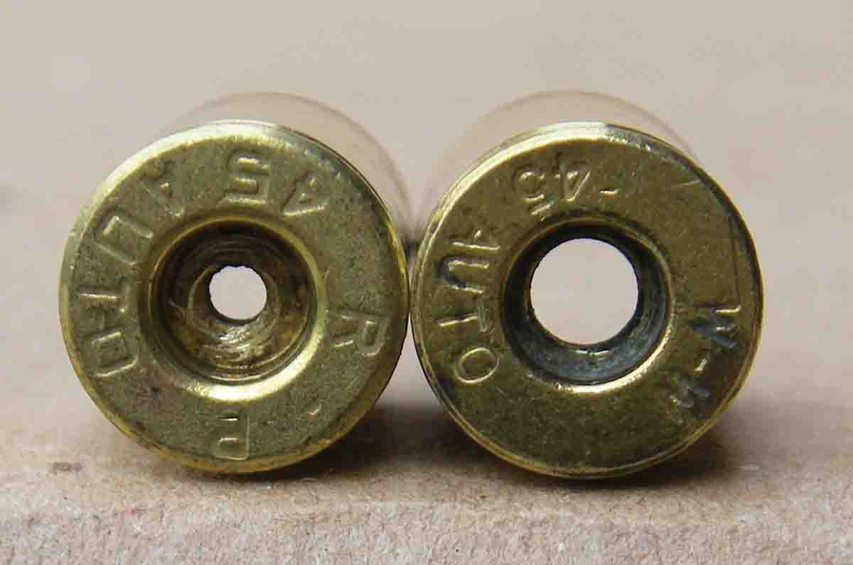 Most .45 ACP brass manufacturers produce cases with flash holes that measure (left) .075 to .085 inch. Avoid using cases with excessively large flash holes.